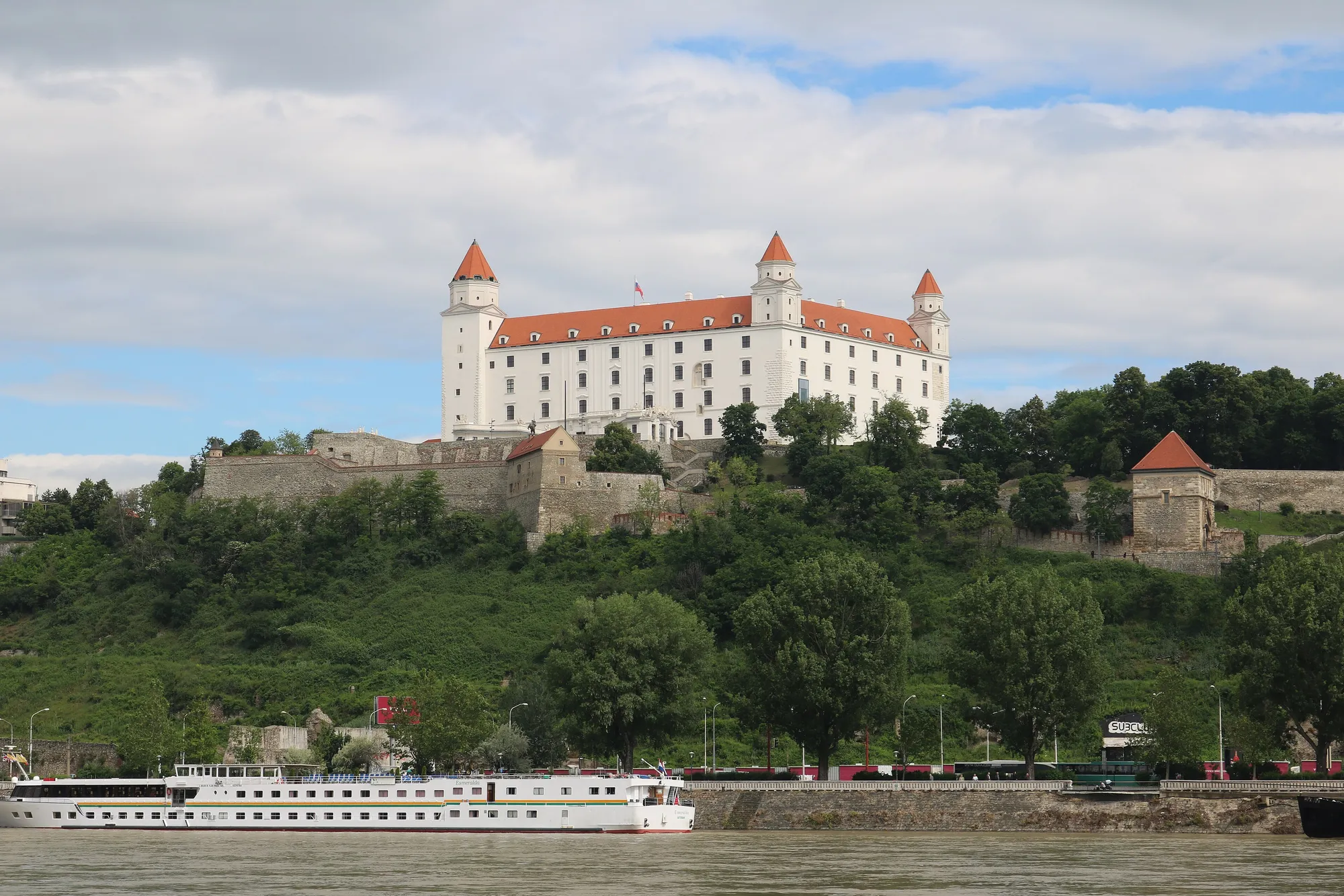 Bratislava Castle on its hill above the Danube, seen from across the river