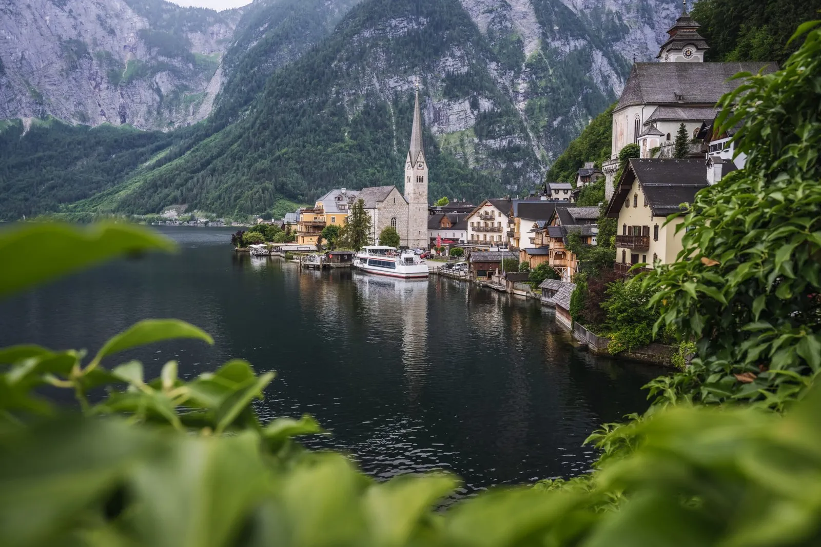 Lakeside houses in Hallstatt with the Alps behind