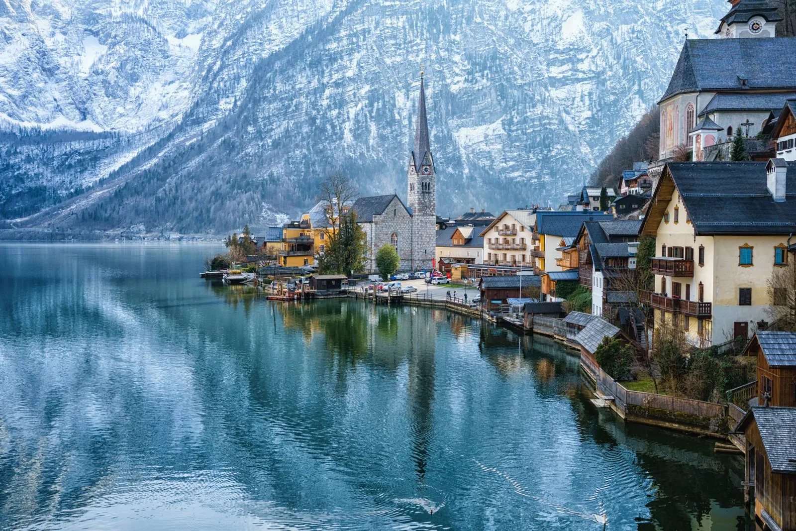 Hallstatt seen from the water in winter light