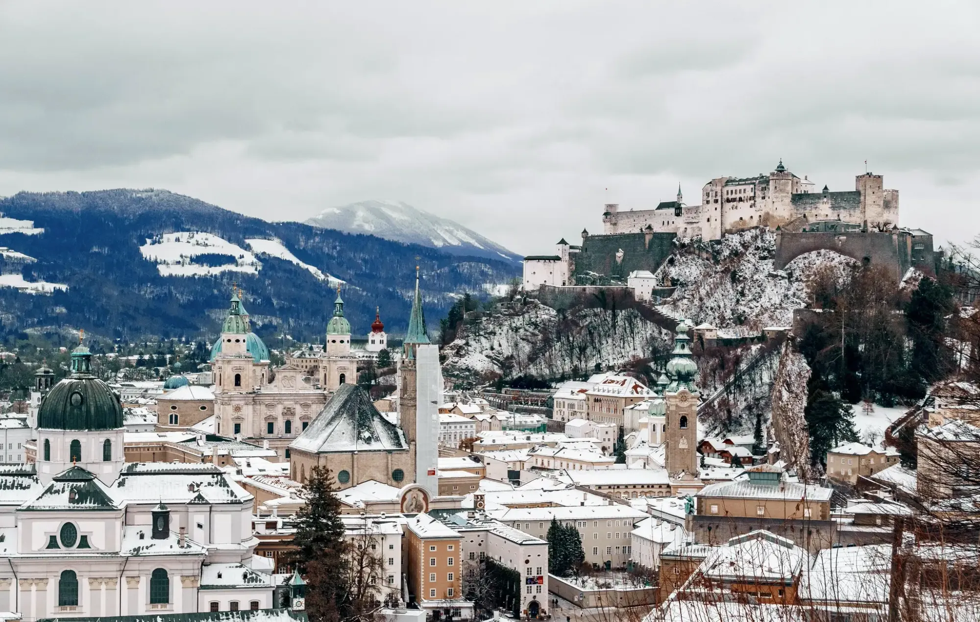 Salzburg old town and the Hohensalzburg fortress above the Salzach river