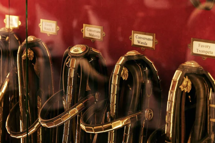 The tack room: saddles and bridles in their rows