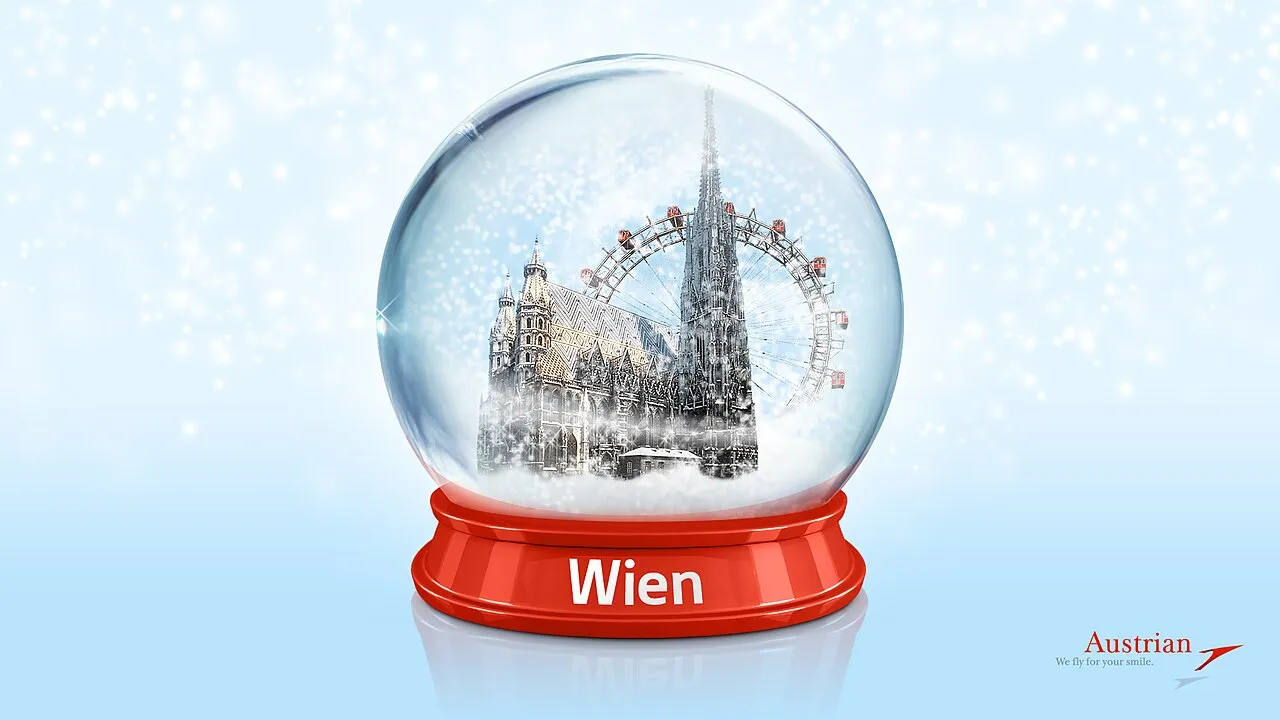 A Vienna snow globe on a red base, snow settling around the city’s spires
