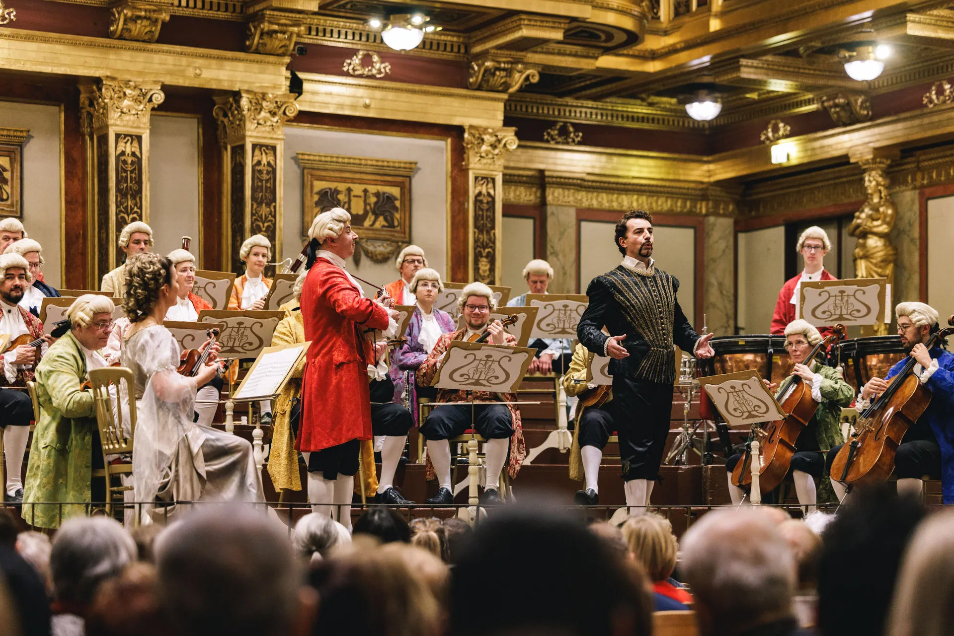 The orchestra, soprano and baritone on the podium of the Brahms Hall of the Musikverein.