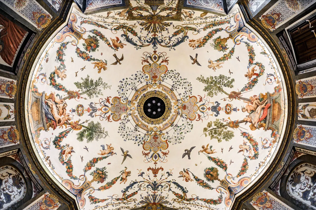 The painted vault of the Sala Terrena seen straight up: garlands, birds and putti around the central light.