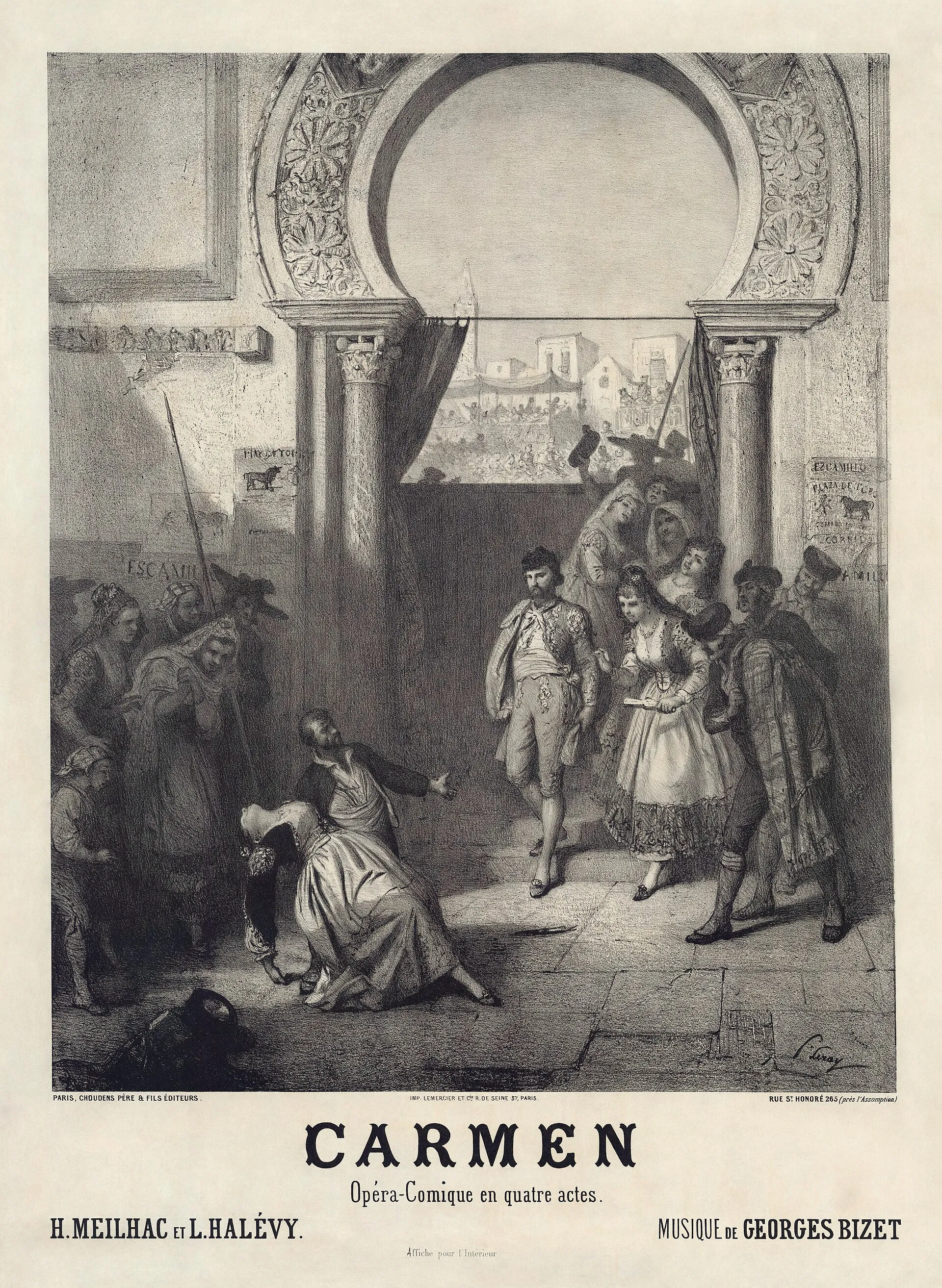 Prudent-Louis Leray’s poster for the 1875 première of Carmen in Paris: the crowd at a Moorish gateway as the drama plays out in the square
