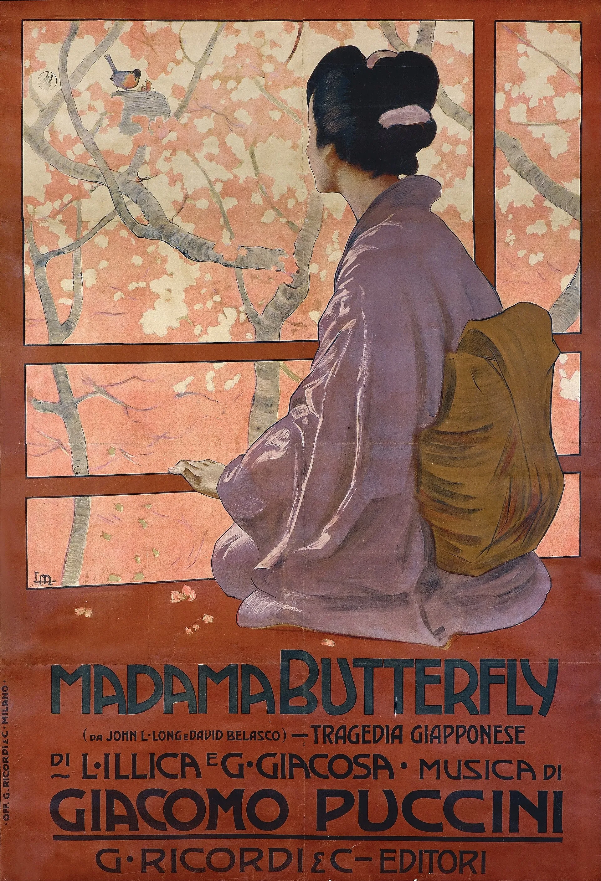 Leopoldo Metlicovitz’s 1904 poster for Madama Butterfly: Cio-Cio-San in a violet kimono, kneeling at a window under cherry blossom