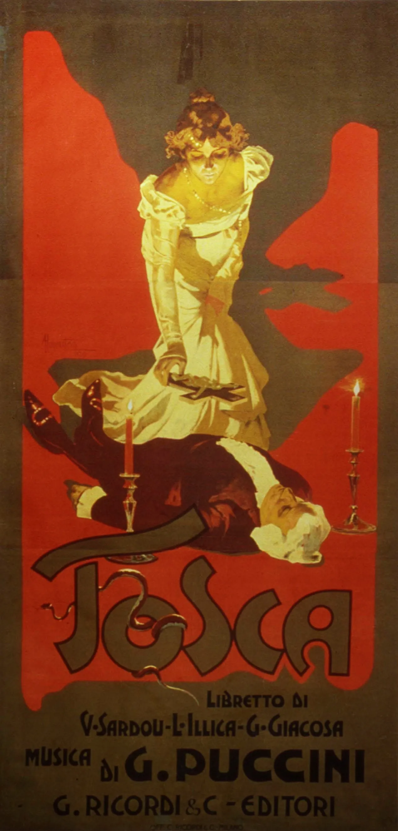 Adolfo Hohenstein’s 1899 poster for Tosca: Tosca standing over the fallen Scarpia, a candle burning beside him