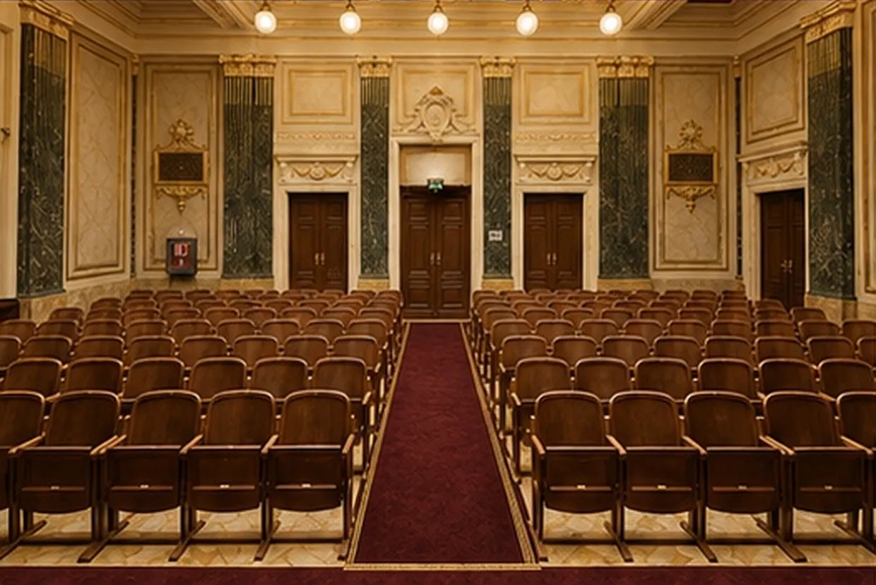 Festsaal II of the Haus der Industrie: rows of chairs either side of a red carpet, facing the small stage beneath the glass ceiling.