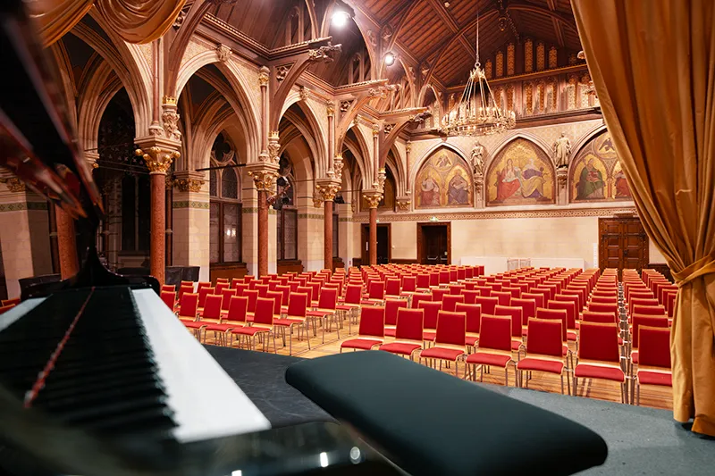 The neo-Gothic concert hall at Beethovenplatz 1, set for a concert.