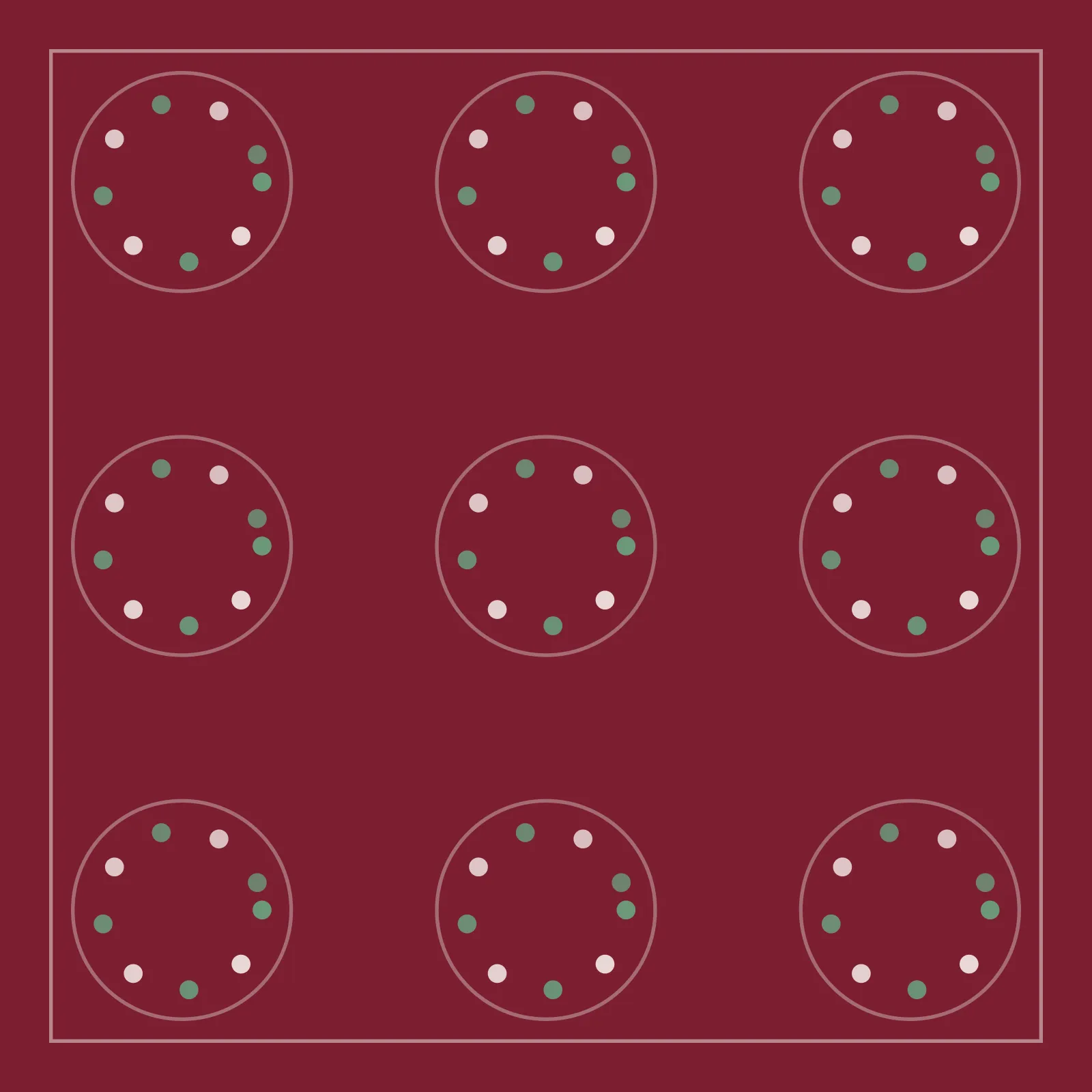 The waltz pattern: a nine-tile grid of mint and cream dot rings on claret