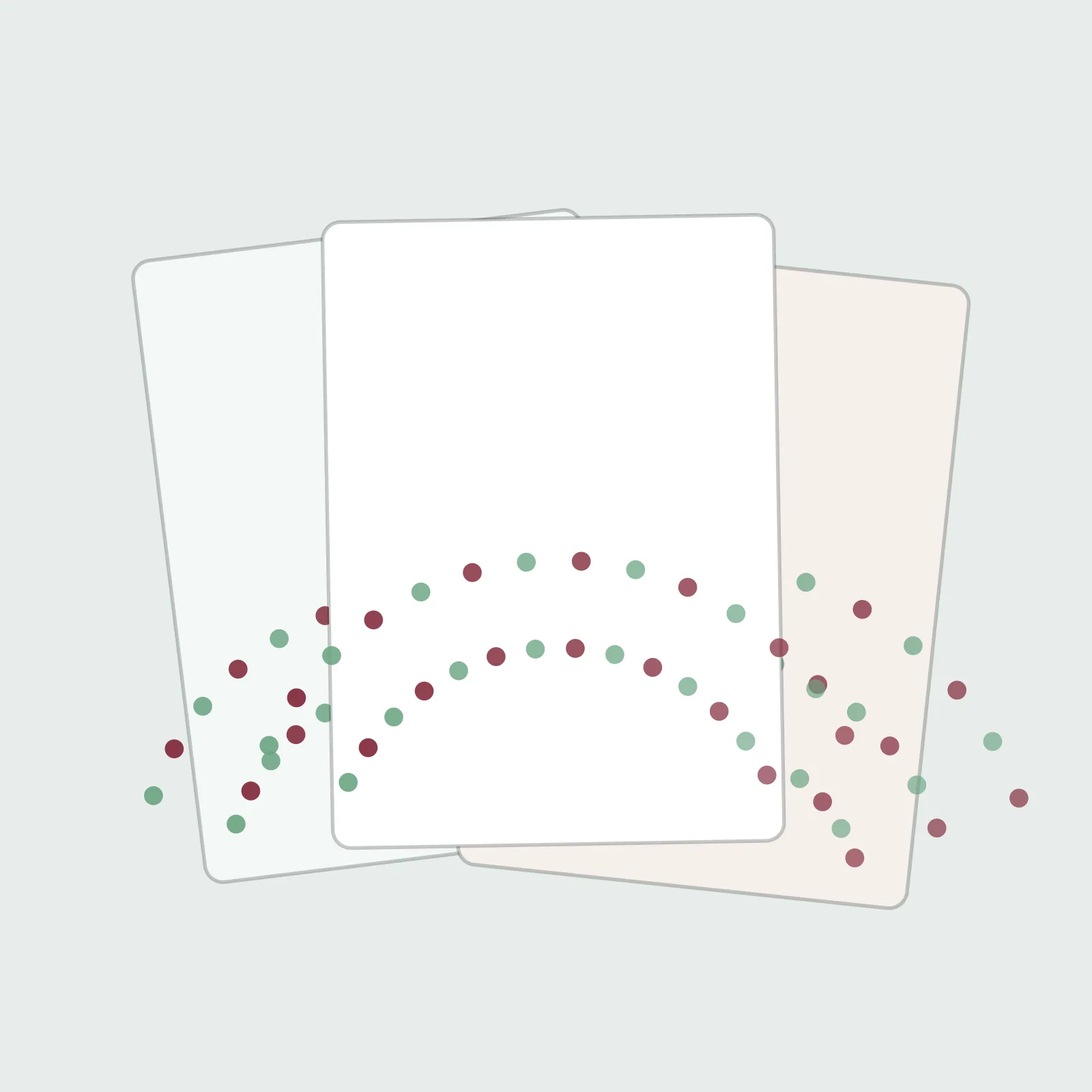 Three Winter Garden prints fanned out — arcs of claret and mint dots on pale sheets