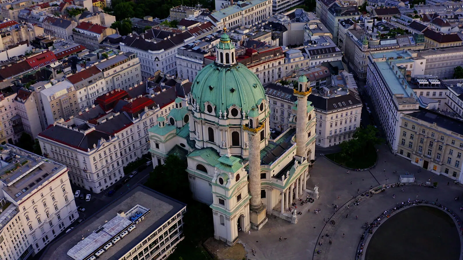 The Karlskirche from above: the green copper dome, the two columns and Karlsplatz beyond.