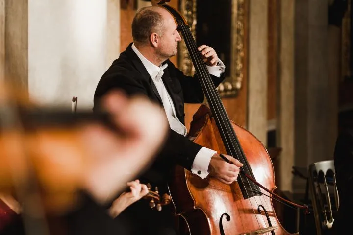 Zoltan Janikovic playing the double bass with the ensemble.